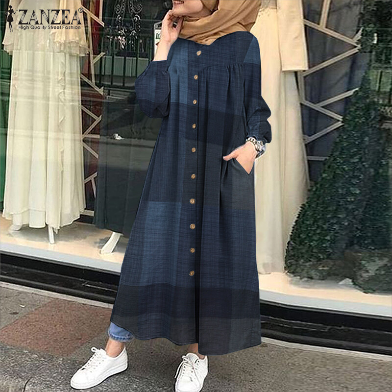 long shirt dress abaya Modest Outerwear in Blue & Grey Mix Fabric Long Shirt Dress L (16-18) / Tall (5'6