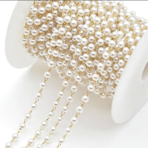 Pearl Chain Link Necklace - 8mm Golden Ball, Bulk Spool for DIY Crafting