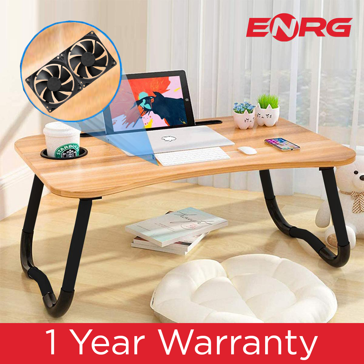 Energy - ENRG Wooden Gaming Laptop Table With Fan And Simple For Bed Foldable Stand Ergonomic Portable Drawing Notebook Reading Food Breakfast Serving With Inbuild Tablet And Cup Holder Slots Couch Black Brown Pink Yellow Green White Blue