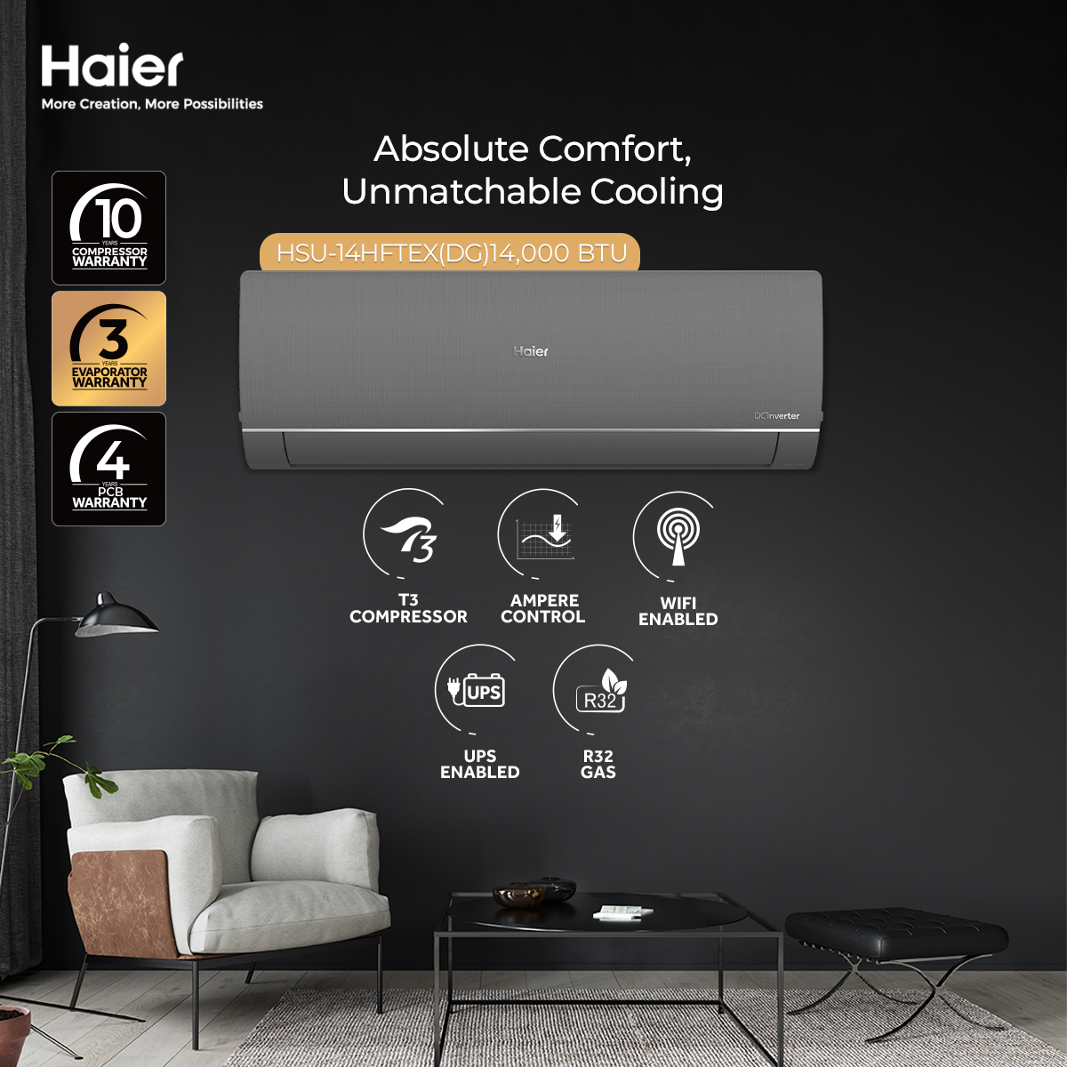 Haier (T3 Plus Series) Ton DC Inverter HSU-14HFTEX(DG) T3