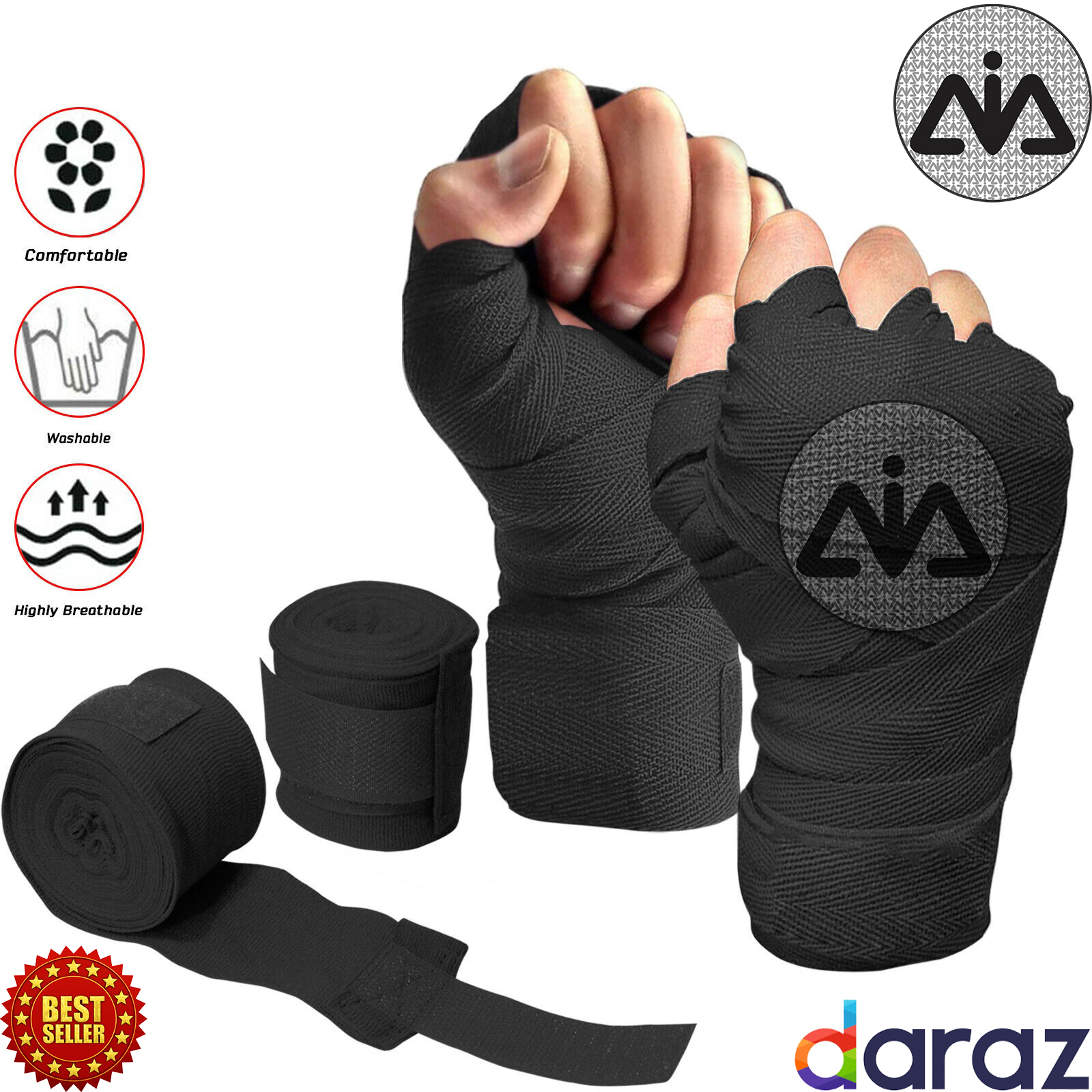 Pair of Hand wraps, Boxing Patti, 5 meters, Black Color, Boxing Hand Wraps, Bandage for Boxing, Writs Wraps, Hand Wrap Bandages, Bandage for Boxing, Karata Martial Arts Patti, mma patti, Kickboxing Handwraps, , AAI Store