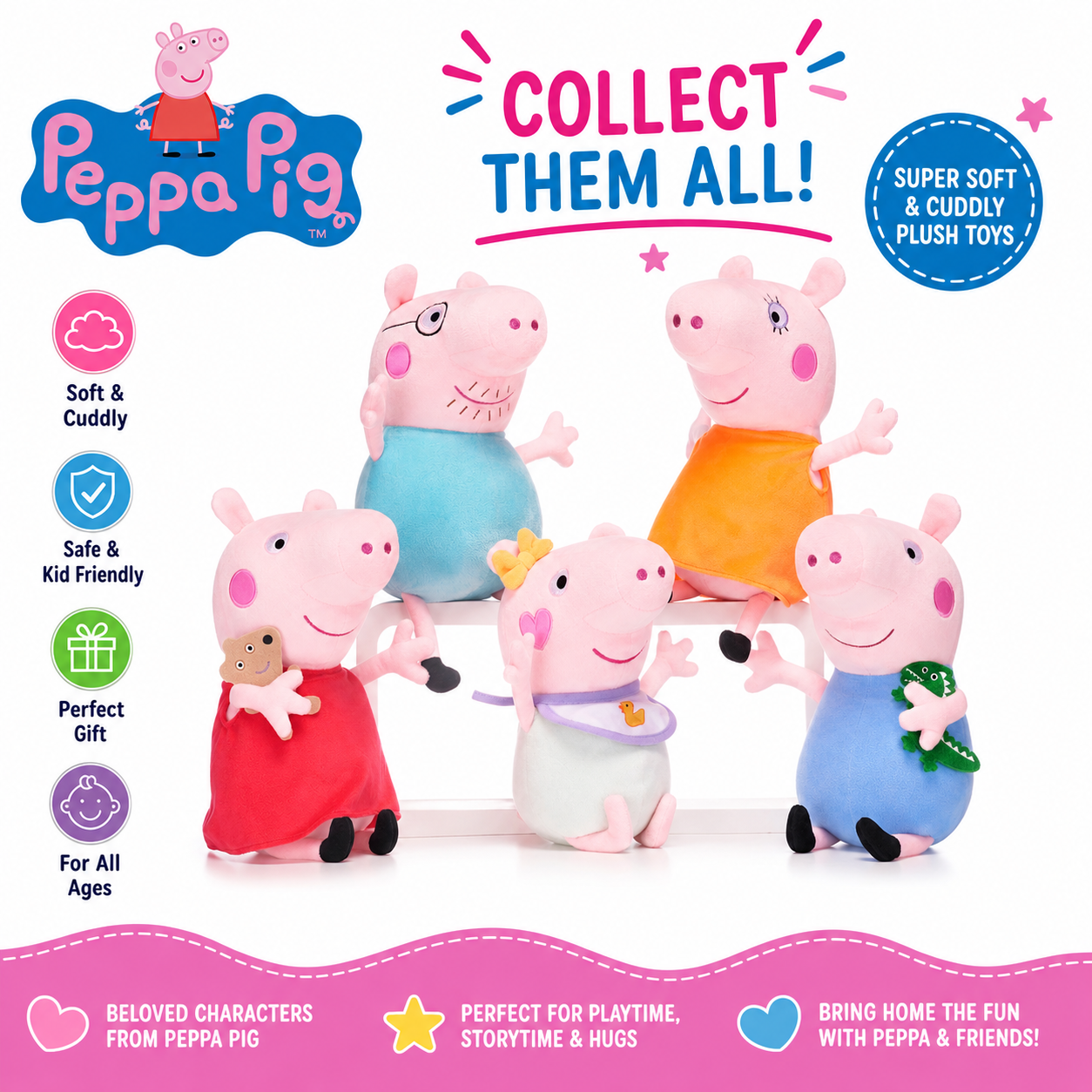 Peppa Pig Family Plush Toys - Soft Cuddly Stuffed Doll Cartoon Characters for Kids, Toddlers & Babies | Birthday Gift Items for Boys & Girls