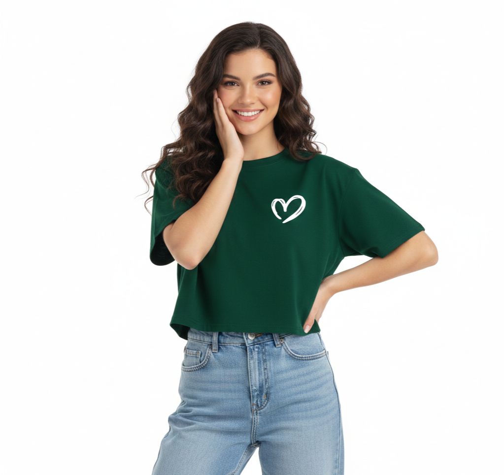 New Graphic Heart Logo Print Crop Top Round Neck Half Sleeves Casual Printed Cotton Crop T Shirt For Girls Women And Ladies