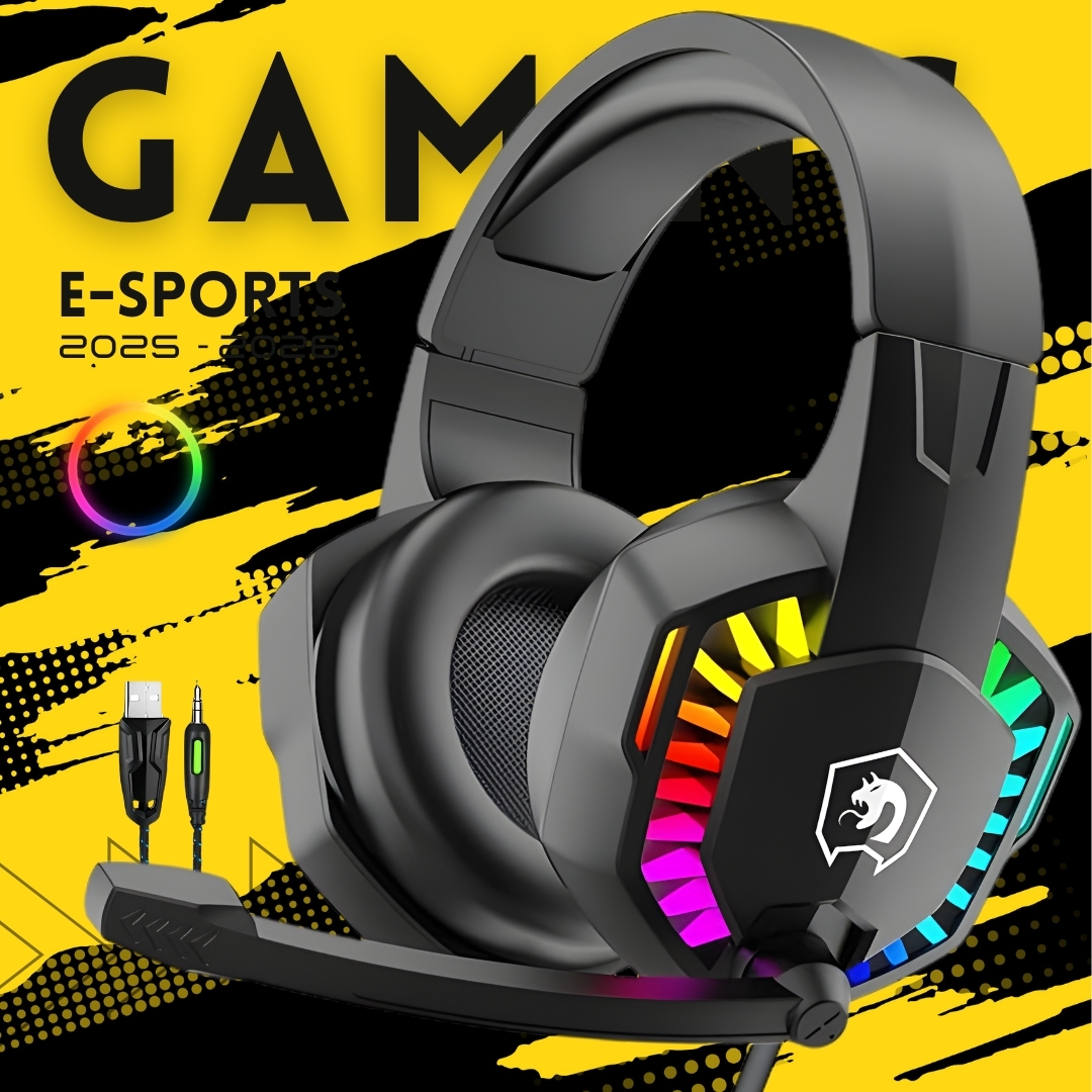 RGB Gaming Headset - Stereo Over-Ear RGB Gaming Headphones with 2 pins Noise-Cancelling Mic, Ergonomic Design for Comfort, High-Quality Sound & Enhanced Bass, Compatible with PC, PS4, PS5, Xbox One & Smartphones - Lightweight, Adjustable Headband