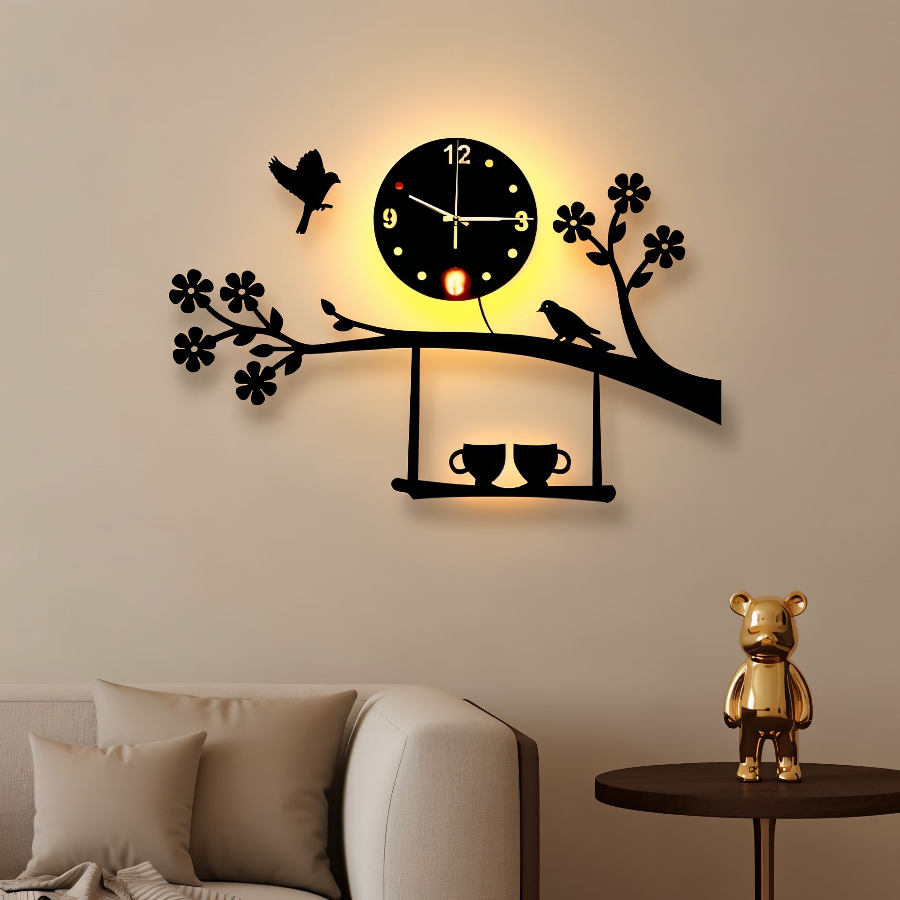 Tree Branch Design Wall Clock with Birds and Coffee Cups l Unique Tree Silhouette Clock with Hanging Tea Cups l Decorative Nature-Themed Black Wooden Wall Clock