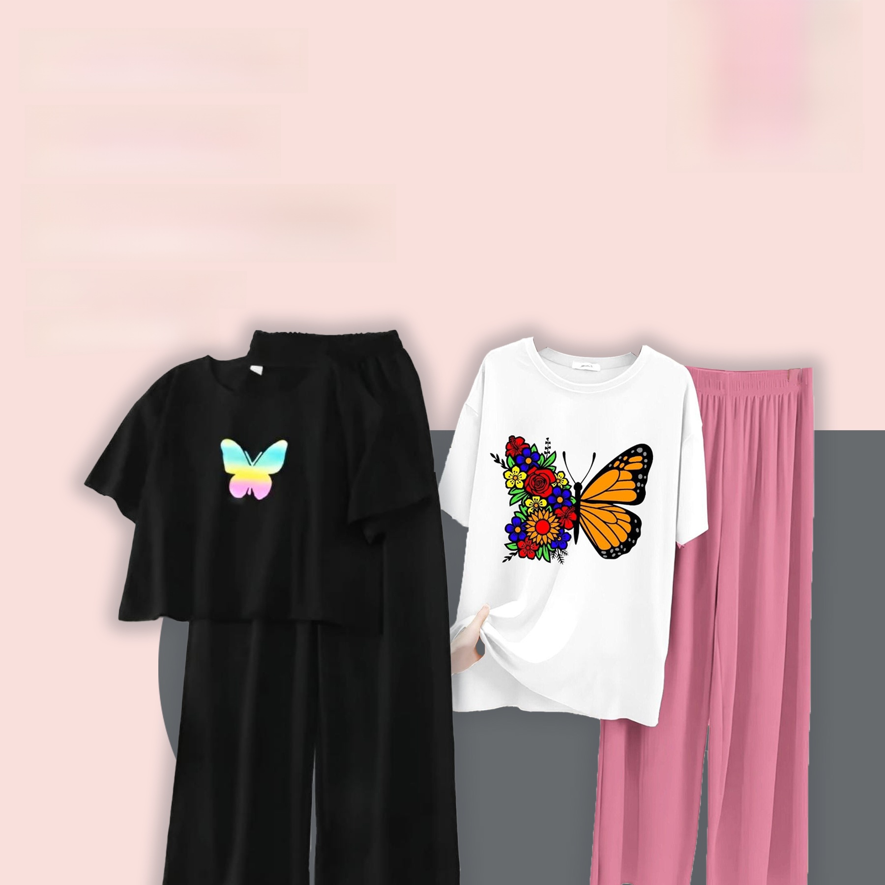 Pack of 2 Butterfly Print T-Shirt and Trouser Sets for Women and Girls - Black and White/Pink