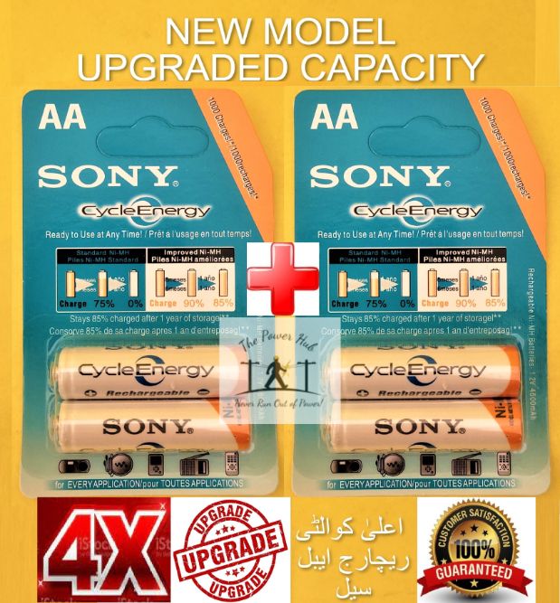 4x AA Rechargeable Battery Cell CLOCK SIZE Imported Sony Cycle Energy NiMH Pack of 4 -1.2v 4600mAh 1000 Cycles Batteries Cells price in Pakistan