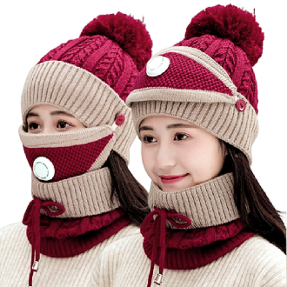 Winter Cap High Quality Warm Face Cover For Girls & Women Hat & Knitted Beanie Cap Multicoloured