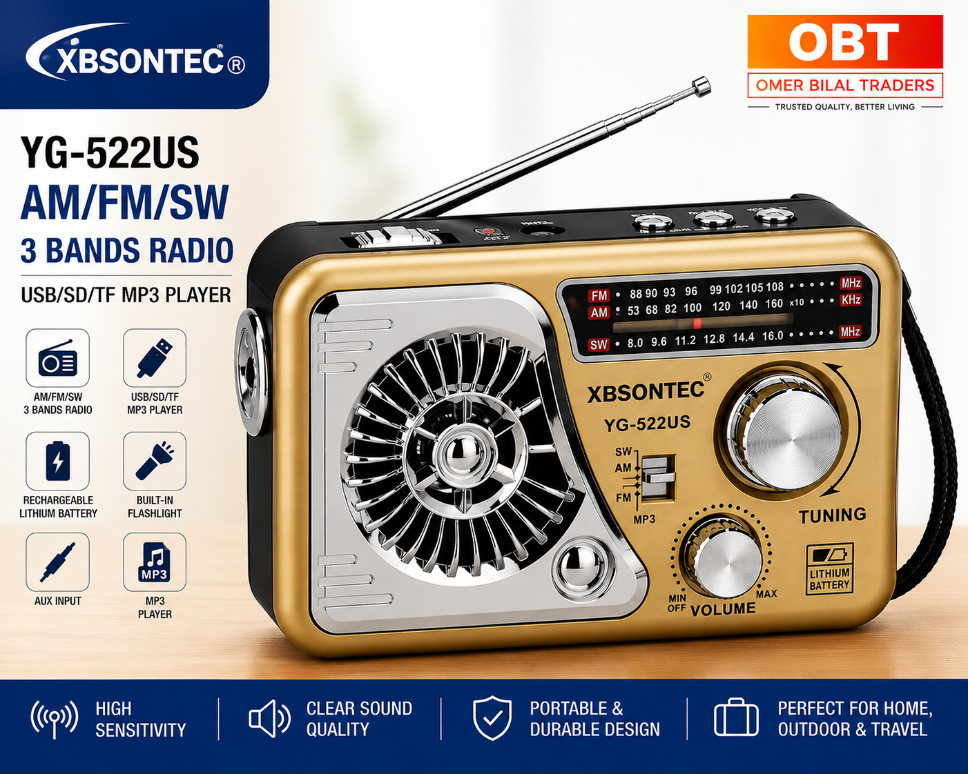 Portable 3 Bands (FM/AM/SW) Rechargeable Radio with USB/TF Music player