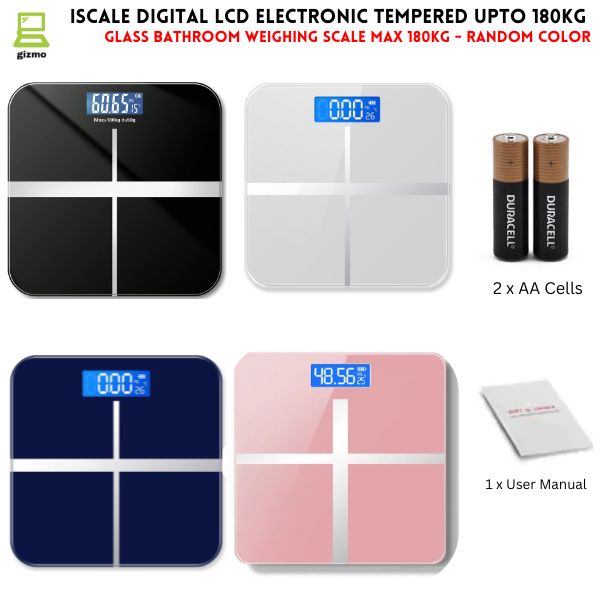 Upto 180kg iScale Rechargeable Weight Machine - 8mm Tempered Glass - Digital Heavy Duty Electronic Weighing Scale with Dual LED Display - Heavy Electric Weight Machine With Durable Steel Quality - For Home & Personal Use - Black//Blue/Silver
