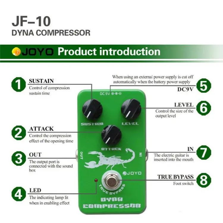 JOYO JF-10 Dynamic Compressor Guitar Effect Pedal True Bypass, DC 9V and  Battery Supported