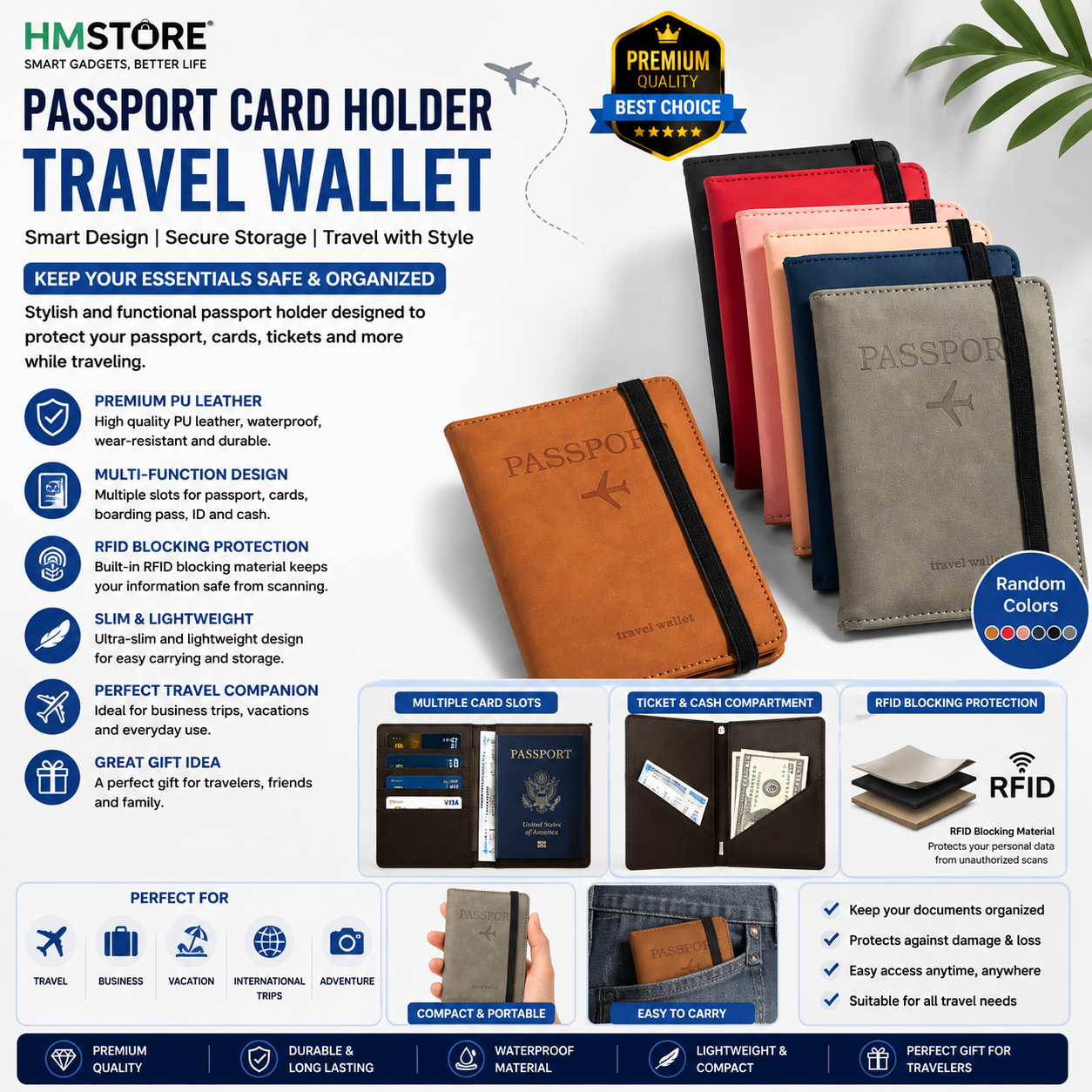 Passport Holder Wallet RFID Blocking Leather Travel Card Passport Cover Case Multiple Color