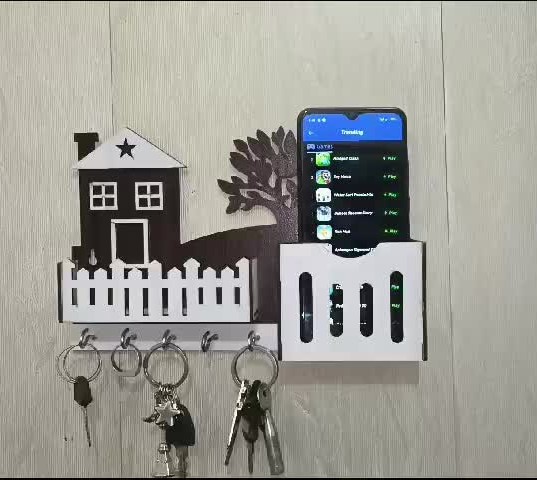 EVENTO Wooden Wall Hanging Mobile Holder and Key Holder 3D DIY Design Multipurpose Wall Hanging Mobile Organizer for Home Decor Living Room and Offices and for Gifts Items