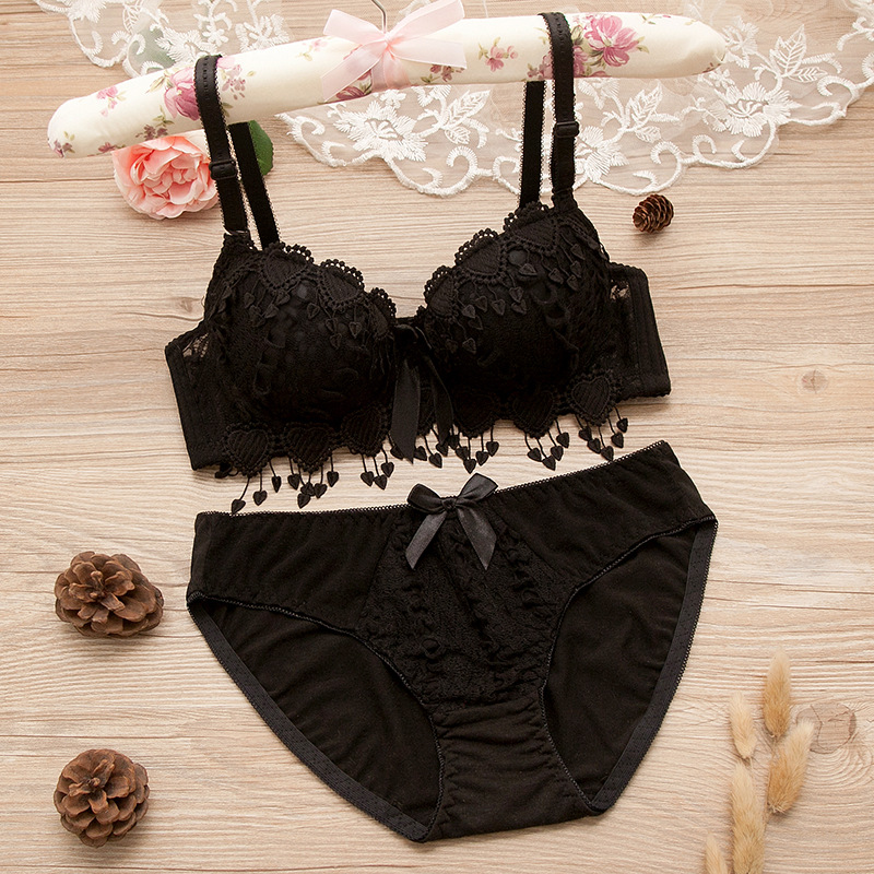 Women Red Lace Trim Mesh Padded Bras Bralette Hollow Cotton Panties Push Up Beautiful Lingerie Sets Underwear