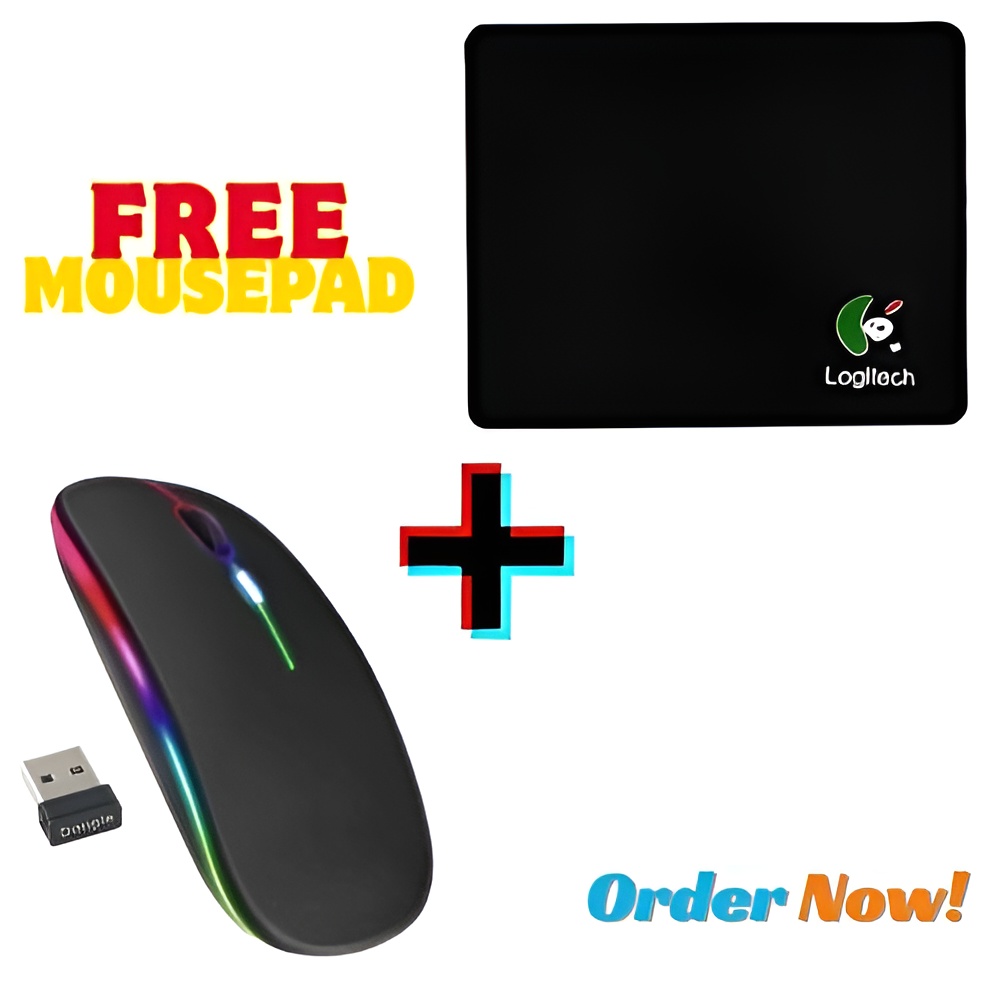 Rechargeable Bluetooth Wireless Dual Mode RGB Silent Click Mouse - RGB Mouse / Mouse with Dragon Mousepad / Mouse with Logitech Mousepad - 7 Colors - High Performance with 7 LED Lights