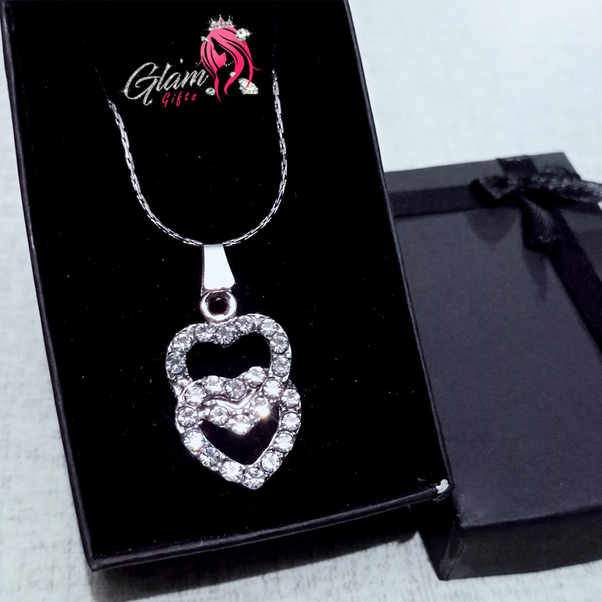 Dual Silver Heart Pendant Necklace with gift Box for Friends