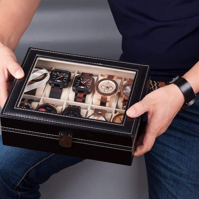 Watch Box Organizer for Men PU Leather Storage Case Classic and Luxury Style Black/Brown 6/8/10/12 Grid