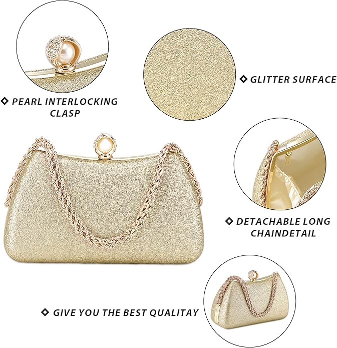 Glitter Evening Clutch Bag for Women – Fancy Bridal Purse with Pearl Clasp & Detachable Chain  Elegant Wedding & Party Handbag for Girls  Luxury Metal Frame Clutch