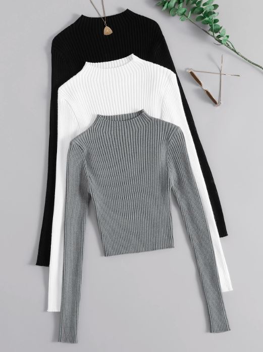 3PCS MOCK NECK RIBBED KNIT TOP