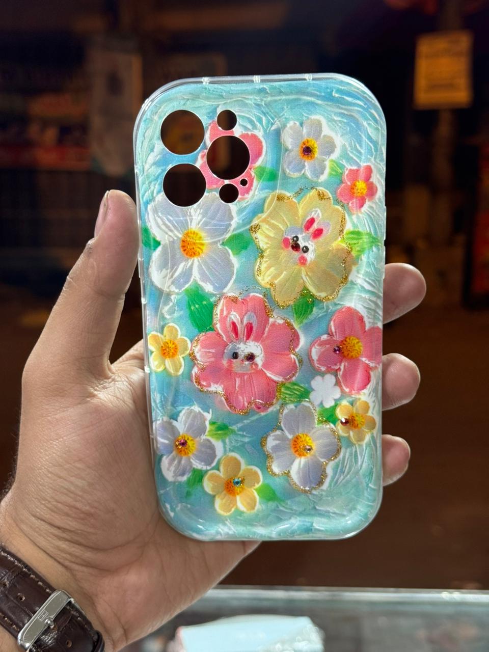 Floral 3D Gem Work Smartphone Case for XR, 11, 12, 13, 14, 15 16 Models
