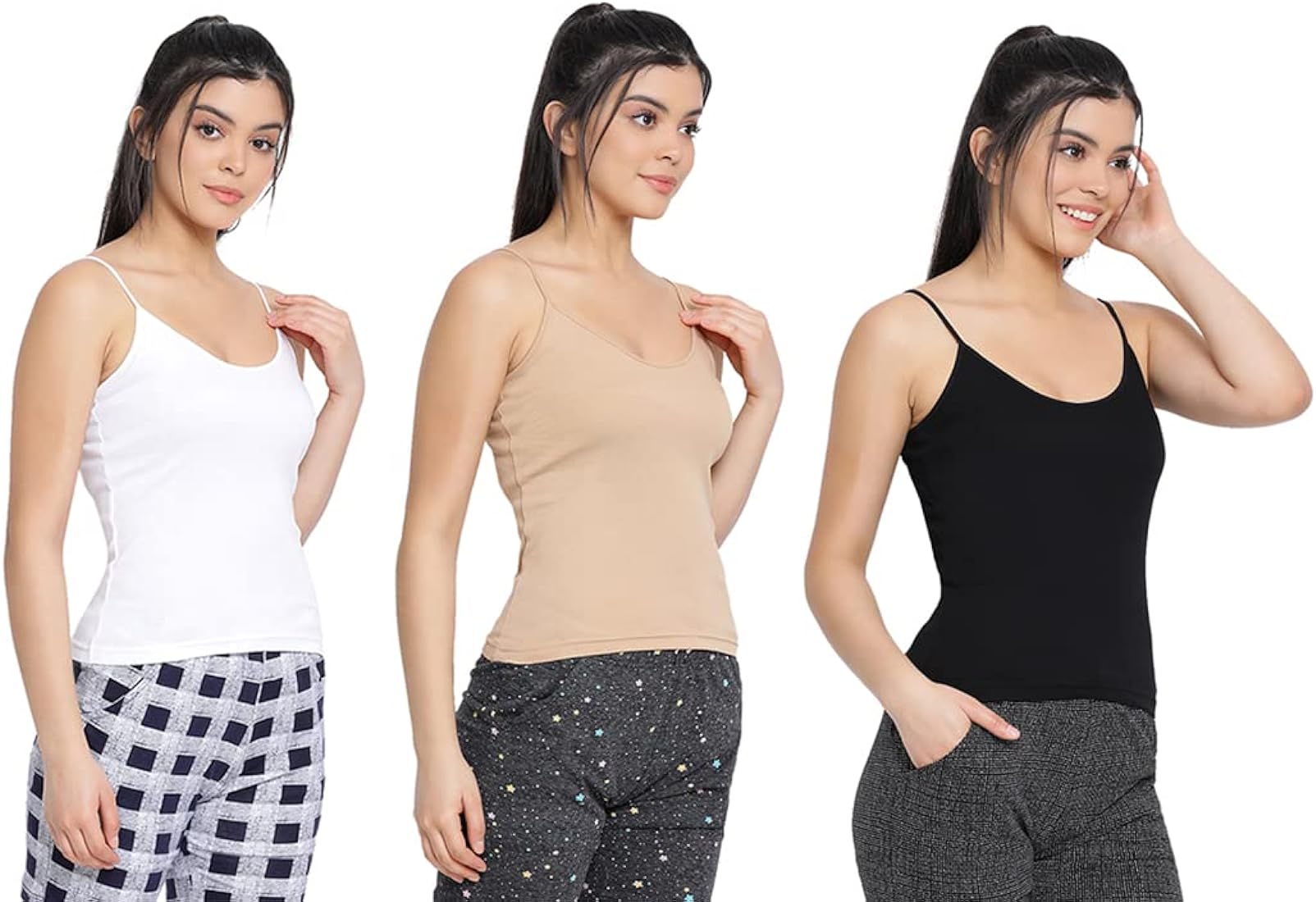 (Pack of 3) Premium Cotton Camisoles for Women and Girls Comfortable Tank Tops in Black, White, and Skin Relaxed Fit Sleeveless Summer Winter Perfect for Nightwear Daily Use Shameez Inner Undergarments Innerwear Slips  Set for Women