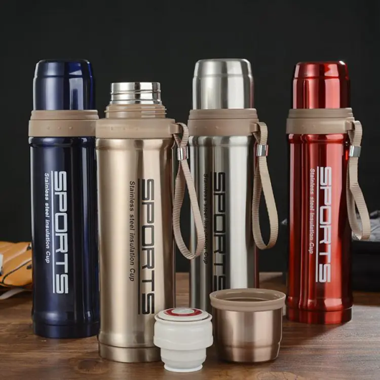 Double-layer stainless steel sports bottle 750 ML vacuum flask, outdoor  portable cup with rope, bottle