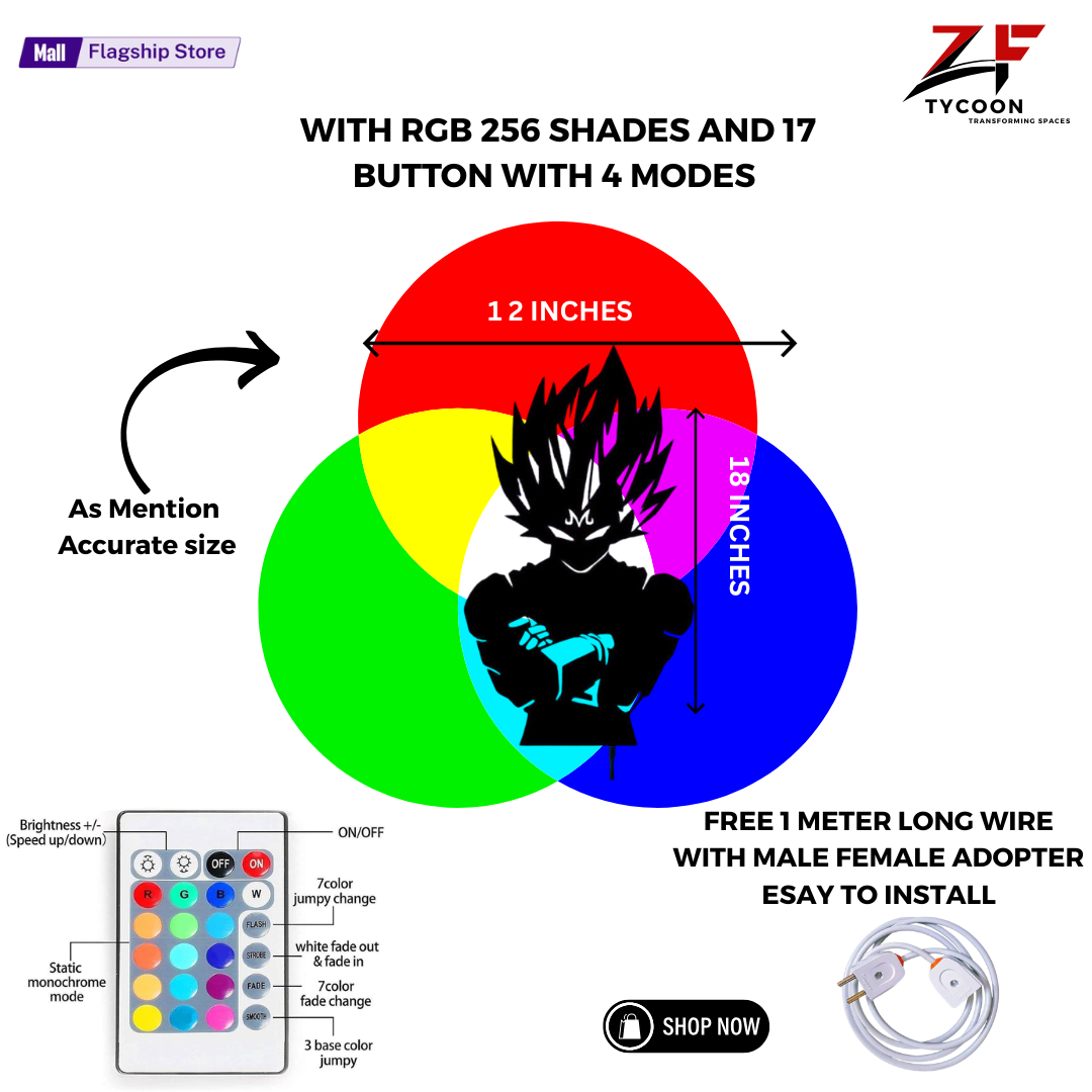 ZF Anime vegeta – goku Cartoon 3D Wall Art Design LED Wooden 7mm Zrk ...
