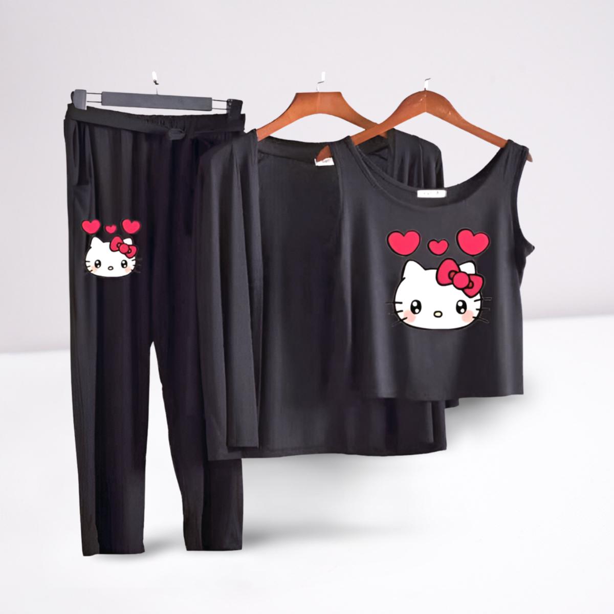 MK Garments - Kitty Printed 3Pcs Pajama Suit Women Modal Long-Sleeved Vest For Leisure Home Wear Female Sleepwear
