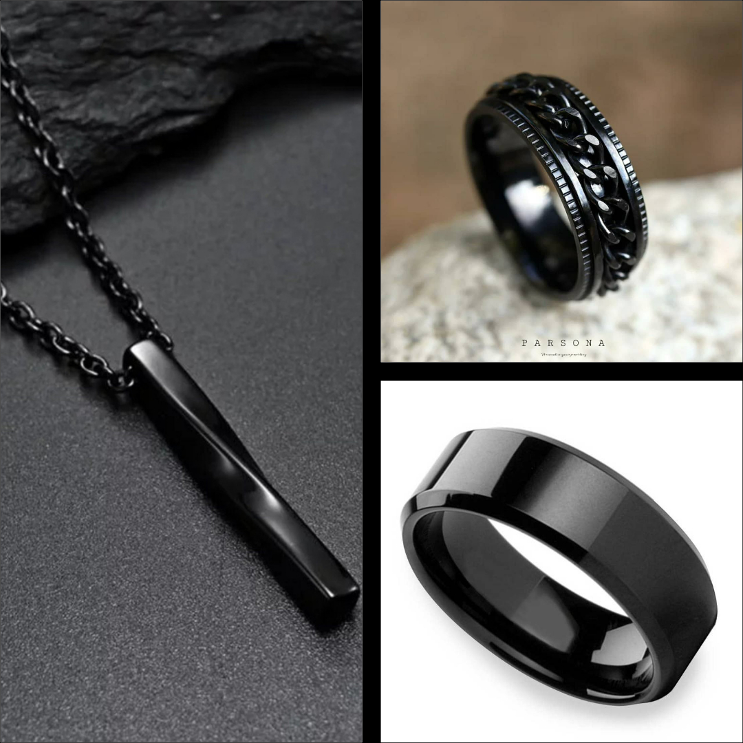 A Family store presents Combo Pack Of 3 Black Twisted Bar Necklace / Spinner Chain Ring And Titanium Ring For Boys /Necklace For Men