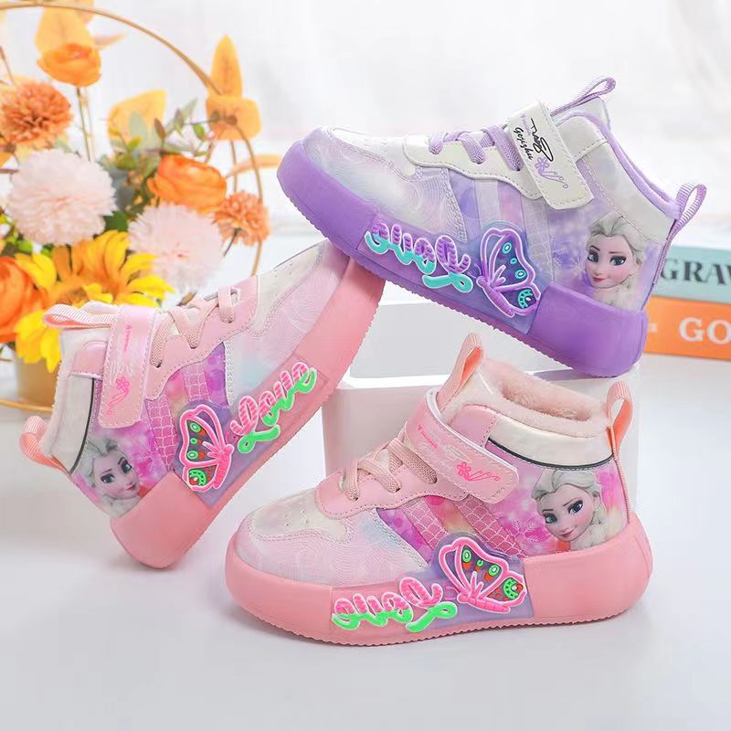 Disney Frozen Princess Kids Casual Sneakers | Winter Warm Velvet Sports Shoes for Girls | Comfortable Fashion Running Shoes