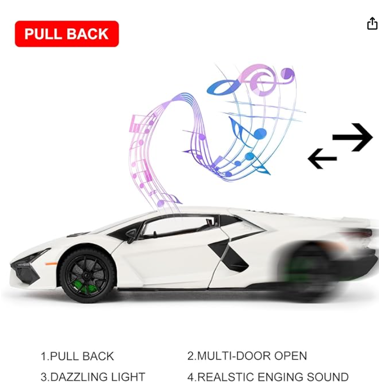 Lamborghini Revuelto Toy Car, 1/24 Diecast Model Car with Sound, Light and Pullback, Collector Model Car, Gift for Children with Smoke Feature view 5
