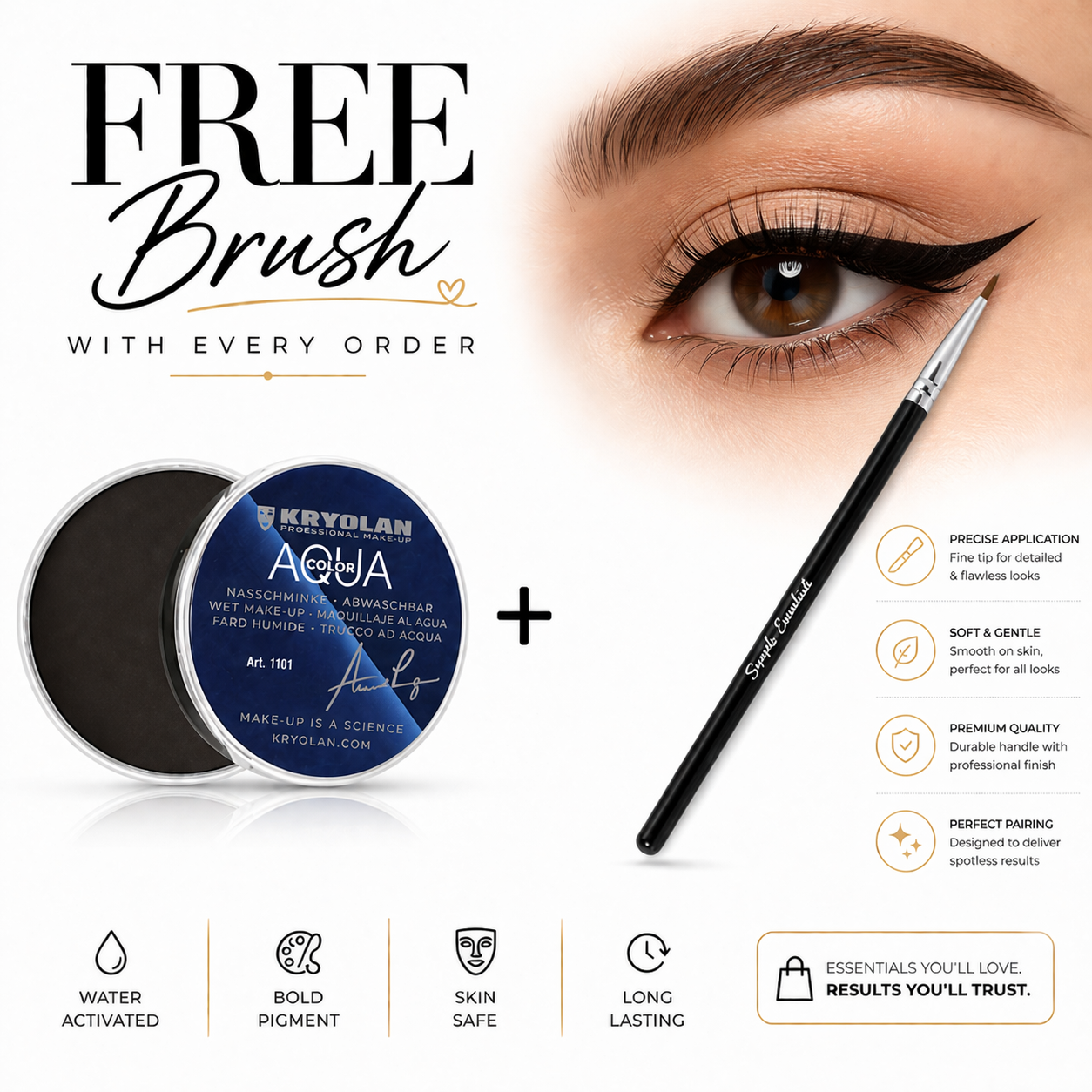 Kryolan Aqua Color Eye Liner Combo – Intense Black Gel Eyeliner with Free liner Brush for Flawless, Long Lasting Eye Makeup - Aqua Cake Liner - Aqua Liner- Aqua Liner brush- Aqua Liner with free brush- Kryolan Aqua liner