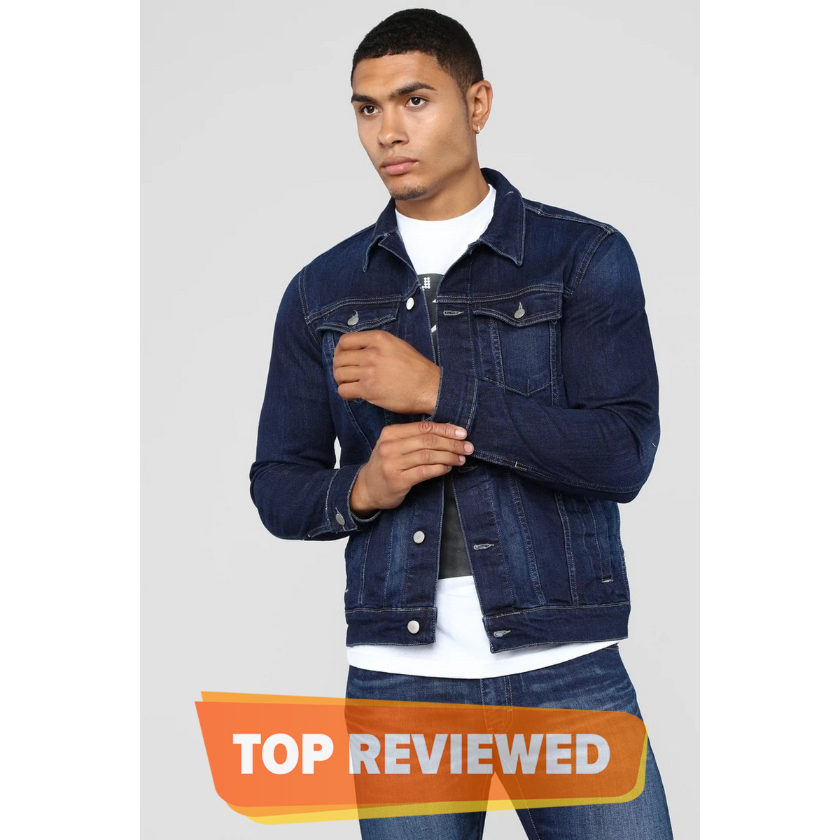 dark blue trucker jacket