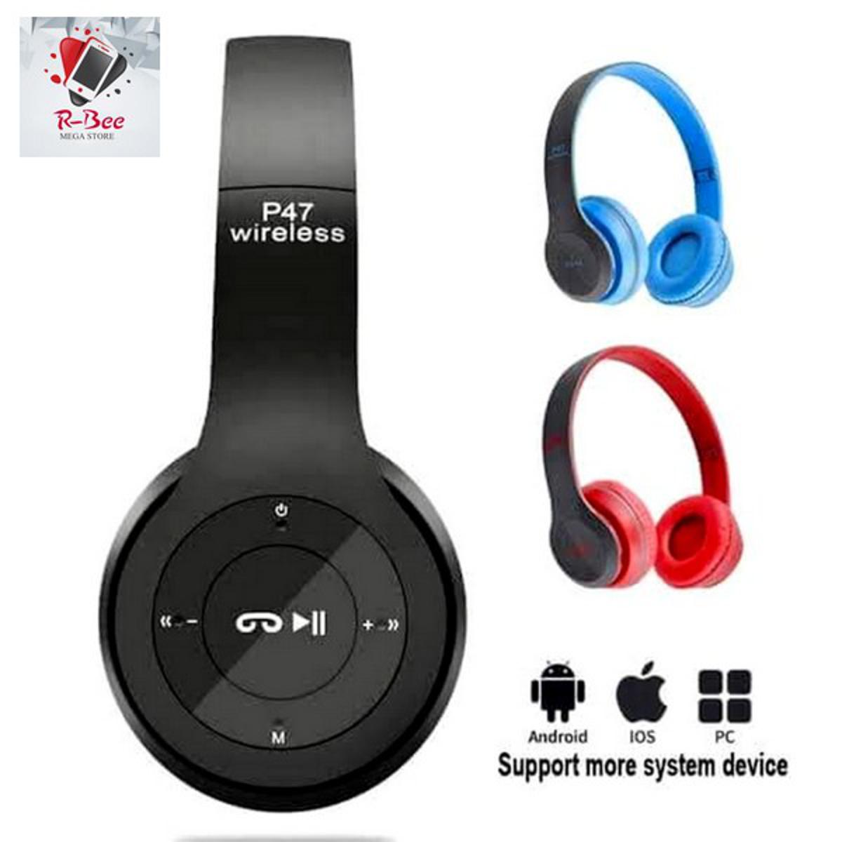 P47 Wireless Headphones with Noise Reduction Microphone for mobile phones, android, tablet, tv, PC, laptop, computer - with built in mic, fm radio, optional 3.5mm audio jack, tf micro sd card support, foldable design, true gaming headset earphones price in Pakistan