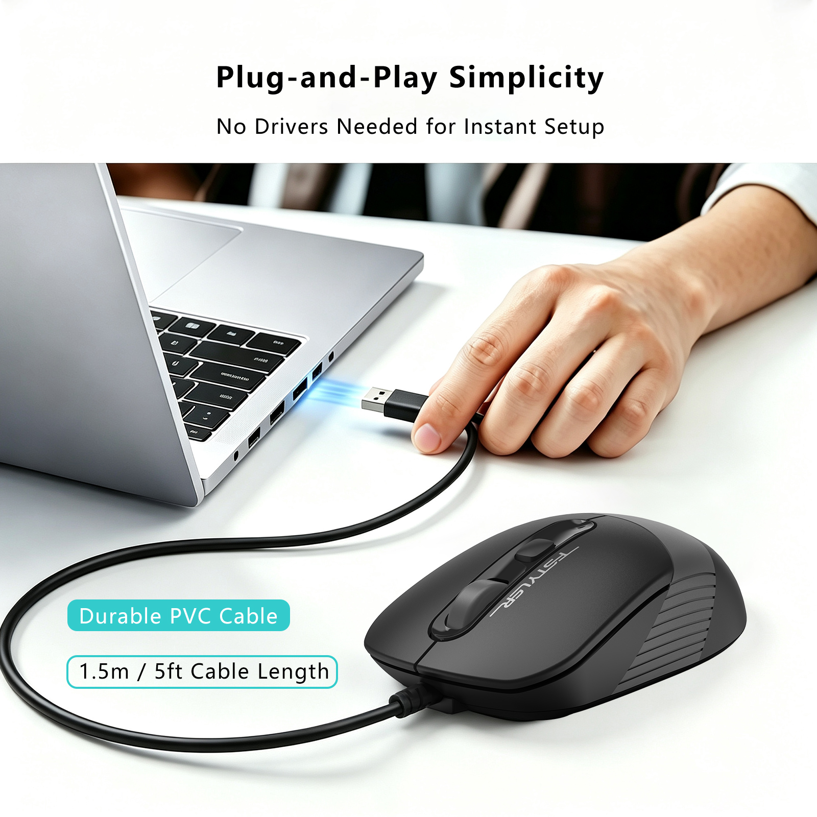 A4Tech FM10S FSTYLER - Silent Click -1600 DPI Optical Mouse - Symmetric Design - Ambidextrous - USB Cable - For PC/Laptop