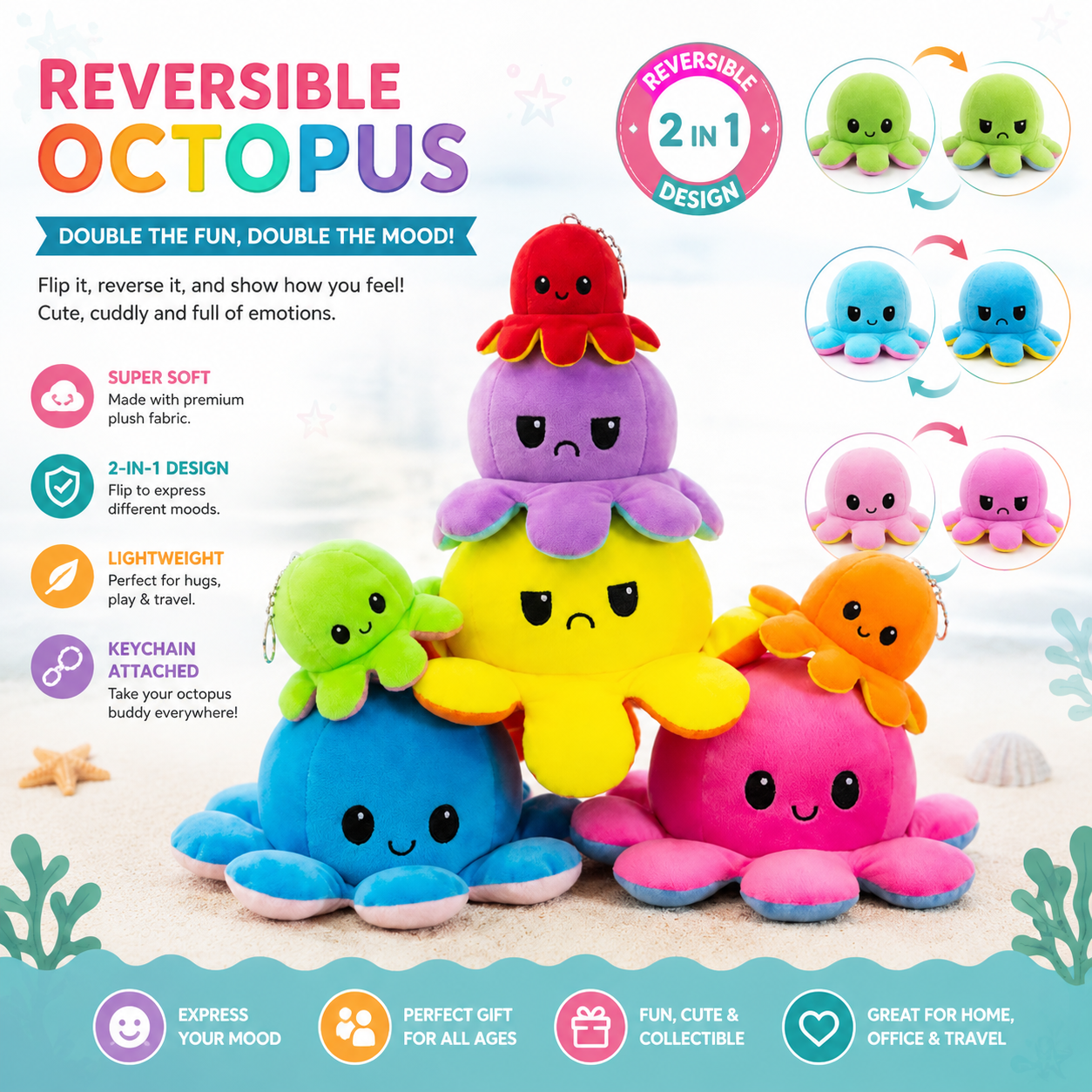 Reversible Octopus Plush Toy 2 in 1 Happy & Sad Face Soft Stuffed Animal Cute Mood Flip Octopus Doll for Kids & Gifts