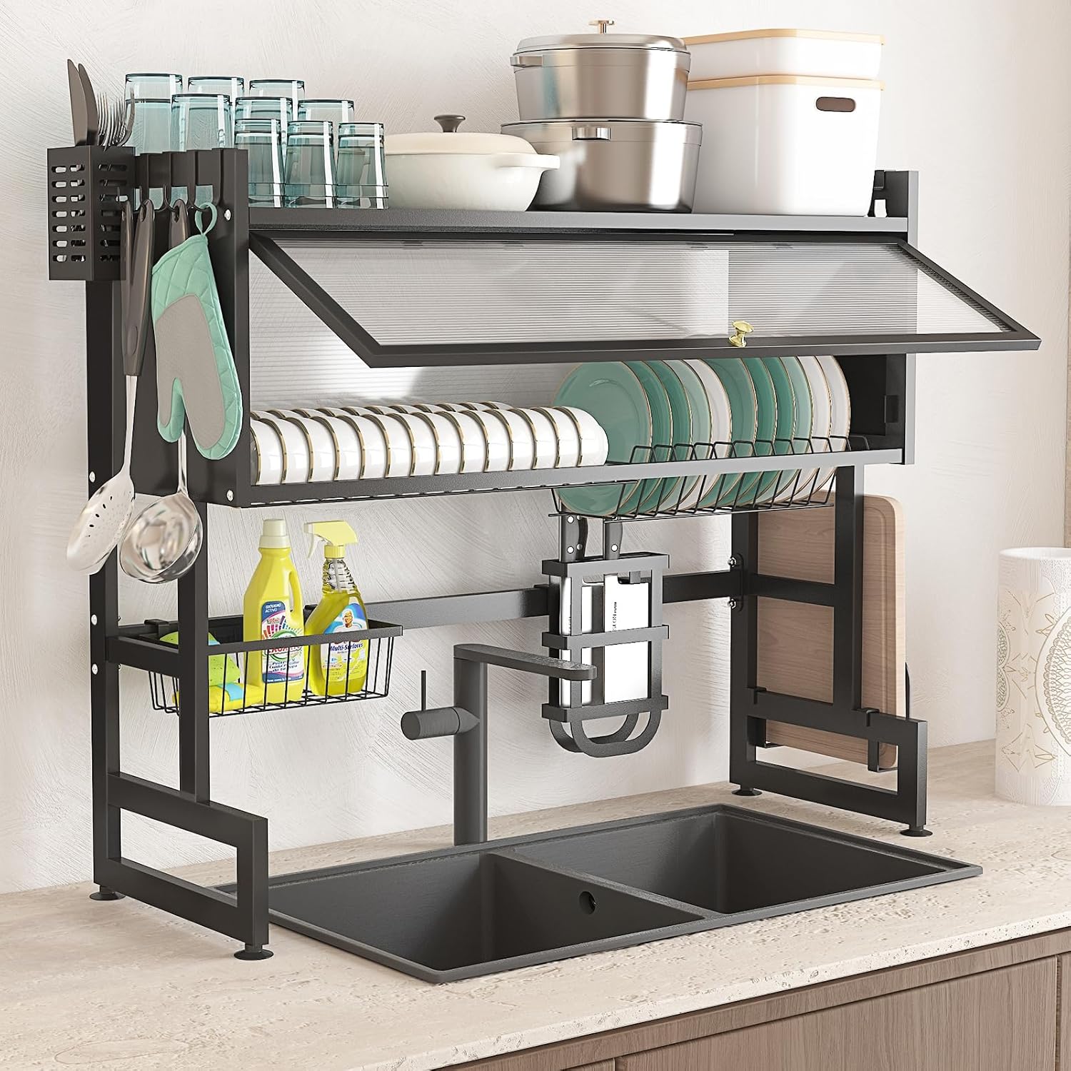 Double Cabinet Dish Drying Rack Over Sink Steel