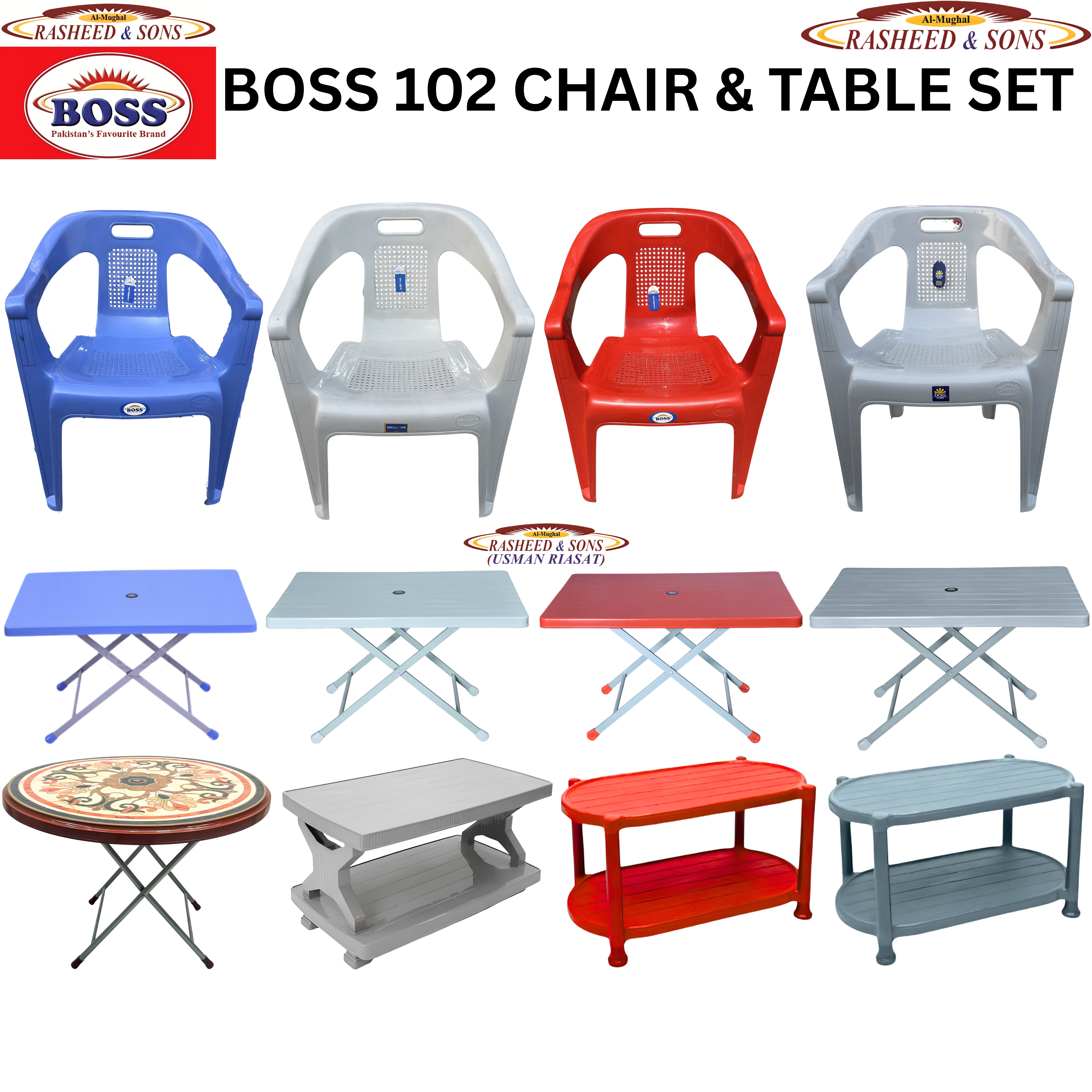 Boss 102 Plastic Chair & Table Collection | Flamingo Chair, Folding Table, Round Table & Double Shelf Table | Indoor Outdoor Furniture |  BELLONA I RASHEED & SONS
