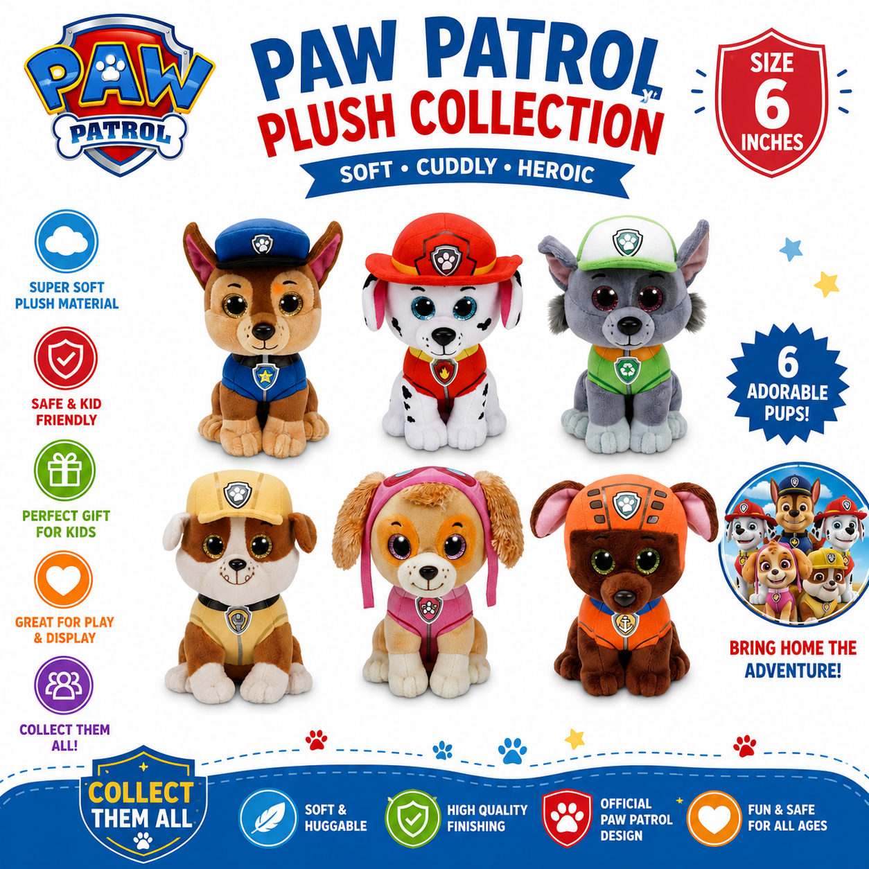 Paw Patrol Official Plush Toy Set – Soft & Cuddly Stuffed Animal Action Figures Bundle (Chase, Marshall, Skye, Rubble, Zuma, Rocky)