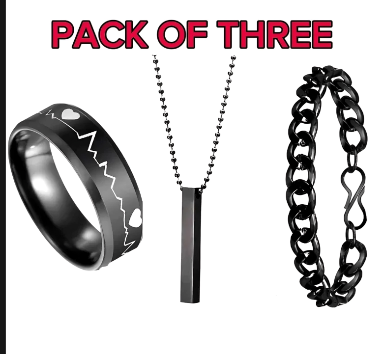 PACK OF 3 AMAZING NECKLACE DEAL FOR MEN | FASHION HIGH QUALITY BLACK BAR STICK NECKLACE + BLACK STAINLESS STEEL CHAIN BRACELET + BLACK TITANIUM STAINLESS STEEL HEARTBEAT RING FOR BOY AND MEN
