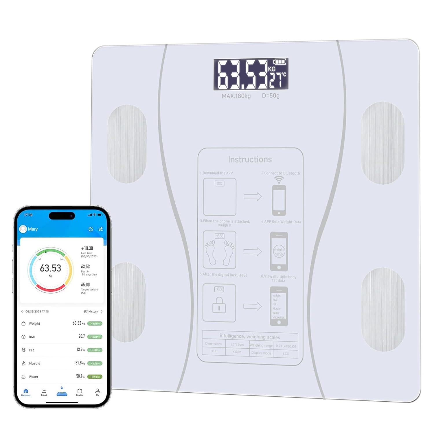Upto 180kg Bluetooth Weight Machine With App - Smart Digital Body Weight Scale With Bluetooth Weighing Scale App & LED Digital Display - Accurate Body Fat & BMI Measurement Through App - Weighing Machine & Weighing Scale For Household Use