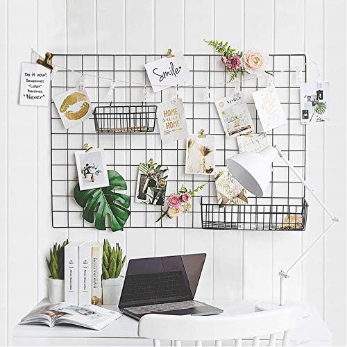 Wire Hanging Wall Grid - Black - Home Decor - Office Storage and Organizer - Polaroid Photogrid - Metal Plant Hanging - Minimalistic Aesthetic - Desk Decorations - Hanging - Bonus Clips