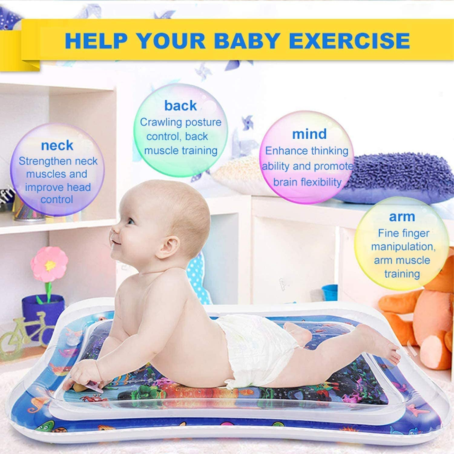 Inflatable Tummy Time Mat, Premium Baby Water Play Mat for Infants and Toddlers for 3 to 24 Months, Strengthen Your Baby's Muscles