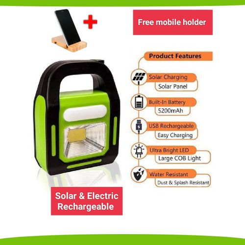 LED Work Light Rechargeable Solar Powered COB Flood Light Portable Camping Lantern with Side Light USB Charging for Workshop, Garage, Emergency, Outdoor & Car Maintenance