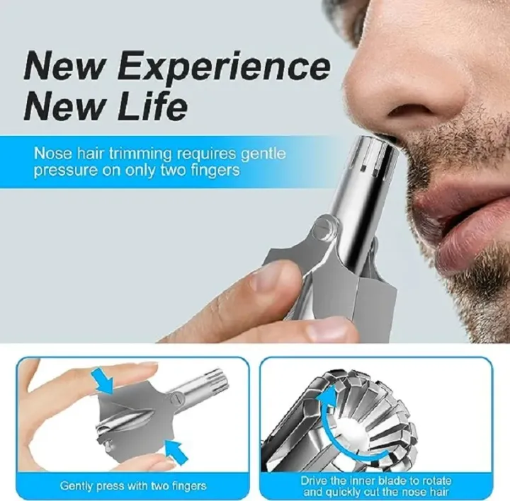 Manual Nose & Ear Hair Trimmer Stainless Steel – Safe Rotating Push Hair Remover, Washable Grooming Tool for Men Face Care