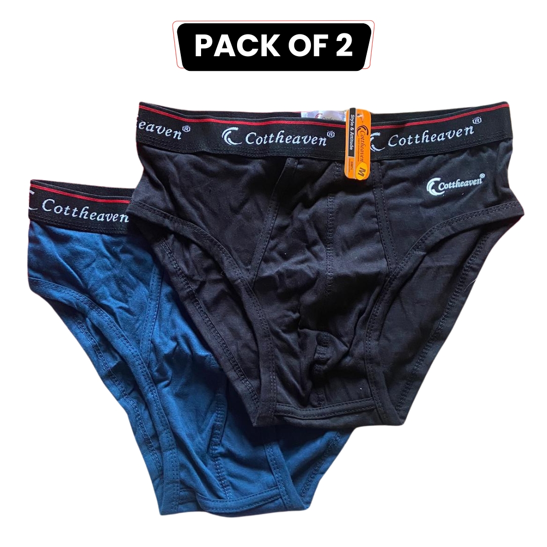 Pack of 2 Cottheaven Men's Cotton Briefs – Comfortable & Durable Underwear for Daily Wear – Medium Size – Black, Skin & Blue Colours - Y Front - Pee Hole