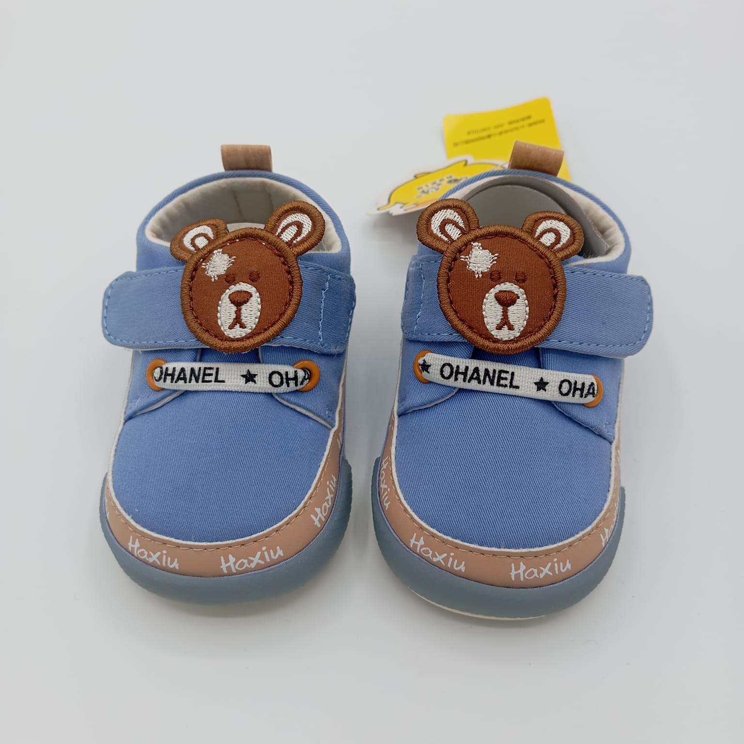 Cute Teddy Bear Baby First Walker Shoes | Blue Canvas Soft Sole Infant Sneakers with Velcro Strap & Anti-Slip