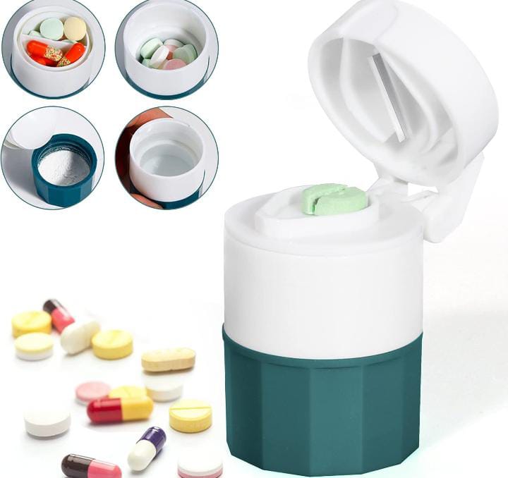 Multifunctional 4 In 1 Portable Round Pill Splitter and Cutter with Powder Crusher | Travel-Friendly Daily Tablet Organizer for Medicine Storage | Compact Design for Easy Carrying | Ideal for Home, Office, and Travel Use | Durable and Convenient Pill Box