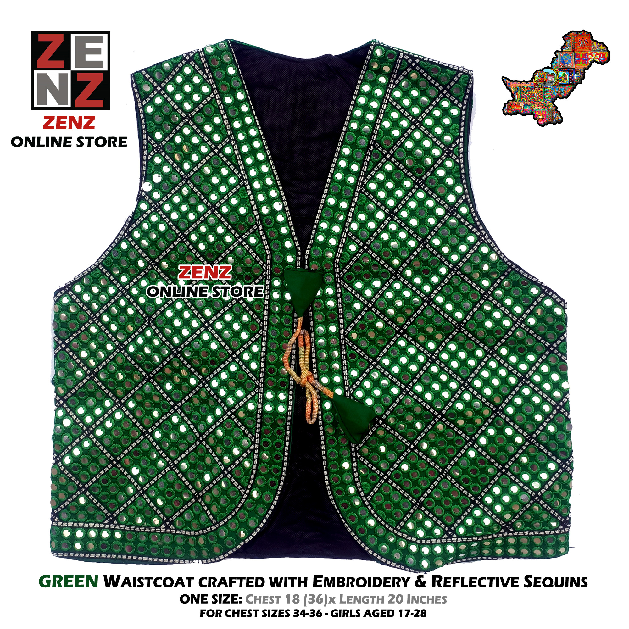 Green Pakistan Independence Day Sindhi Traditional Wear Waistcoat Koti for Ladies Women Embroidered Multicolour Waist Coat ZENZ