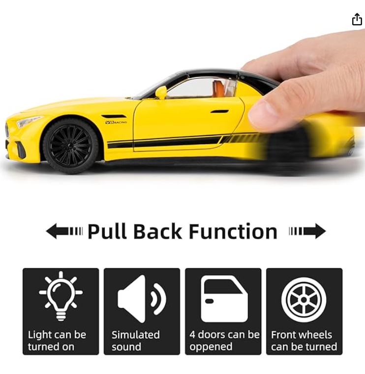 1:24 Scale Collectible Benz SL63 AMG Diecast Model Car, Zinc Alloy Pull Back Cabriolet Toy Car with Lights and Sounds, Convertible Vehicle Door for Adult Boys Girls view 3